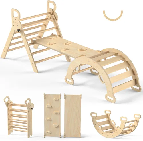 Vista 14 de BlueWood Pikler - Juego de triángulos de madera para niños pequeños, escalador plegable 7 en 1 para interiores para niños, juego de filosofía