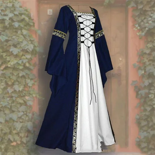 Vista 2 de Vestido medieval para mujer, disfraces renacentistas vintage, vestidos de pirata, campesina, longitud hasta el suelo, vestidos largos de Halloween
