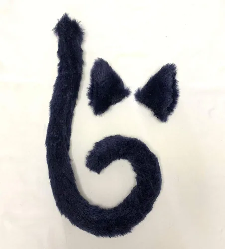 Vista 7 de juego de disfraz de orejas y cola de gato de pelo para fiesta de Halloween y para Cosplay, Negro