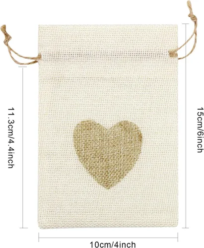 Vista 2 de SumDirect Bolsas de arpillera de corazón con cordón – 36 bolsas pequeñas de lino beige de 4 x 6 pulgadas para regalo de boda, baby shower