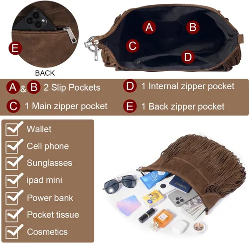 Vista 2 de Sunwel Fashion Bolso hobo con flecos para mujer, bolso de hombro estilo occidental, de ante vegano, con borlas, hippie, bandolera