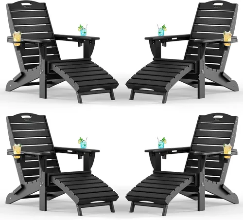 Vista 9 de Sillas Adirondack ajustables con otomana retráctil, silla Adirondack plegable de HDPE con 2 soportes para tazas, resistente a la intemperie