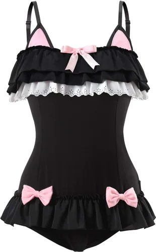 Vista 4 de Littleforbig Pijama de algodón de lujo con diseño de gatito, lencería de una pieza, babydoll Negro