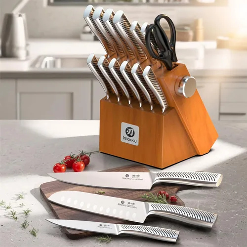 Vista 4 de imarku Juego de cuchillos de cocina, juego de 14 cuchillos de alta calidad, aptos para lavavajillas, juego de cuchillos japoneses afilados con Marrón
