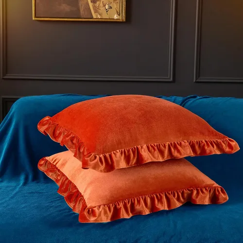 Vista 4 de Juego de 2 fundas de almohada de terciopelo, suaves fundas decorativas con volantes para sofá, sofá cama y dormitorio, 18 x 18 pulgadas, naranja