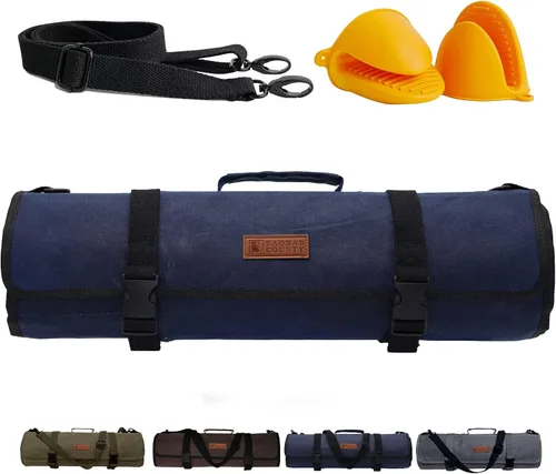 Vista 4 de Bolsa enrollable para cuchillos de chef, lona encerada resistente al agua de 12 onzas, estuche portátil resistente para cuchillos con 11 ranuras