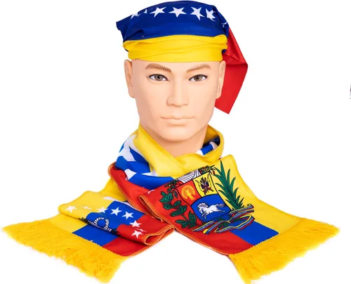 Vista 4 de Juego de 2 accesorios de bufanda y pañuelo para fanáticos del equipo de fútbol de Venezuela con colores de bandera y nombre de país impreso