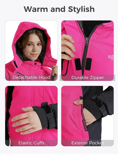 Vista 5 de Wantdo - Chaqueta impermeable para niñas, con capucha, de invierno con forro polar, para la nieve, resistente al agua, ropa exterior Rojo rosa