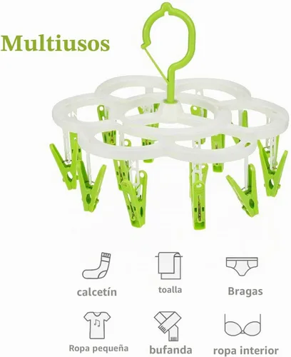 Vista 3 de Perchero de secado de ropa con 16 clips, colgador de goteo para secar ropa interior, ropa de bebé, calcetines, brasier, toalla, pantalones Verde