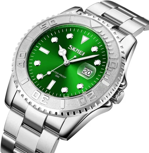Vista 3 de SKMEI Reloj para hombre, impermeable, a la moda, casual, de acero inoxidable, color plateado, cara grande, analógica, de cuarzo, luminoso, vestido