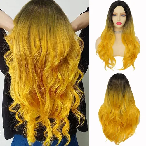 Vista 9 de Tseses Pelucas largas y onduladas de color azul degradado para mujer, pelucas de cabello sintético con raíces oscuras, cosplay, fiesta de Halloween