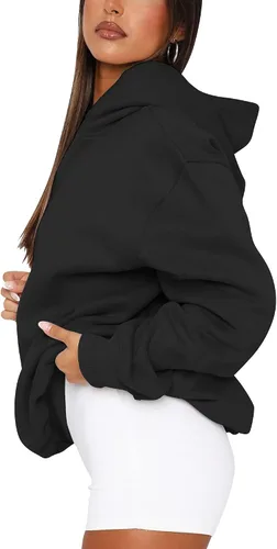 Vista 2 de PRETTODAY Sudadera con capucha de gran tamaño para mujer, sudadera casual de manga larga, color liso, suelta