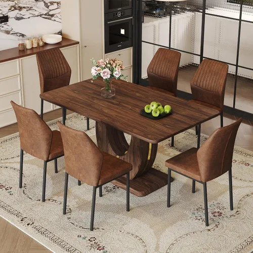 Vista 55 de JUFU Juego de mesa de comedor moderno para 4, juego de mesa de cocina rectangular de 63 pulgadas con mesa de mármol sintético y 4 sillas tapizadas