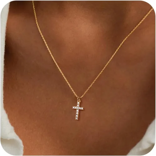 Vista 44 de Collar de cruz para mujeres y niñas, delicado chapado en oro de 14 quilates, gargantilla con dije de cruz que no se deslustra, impermeable, moderno