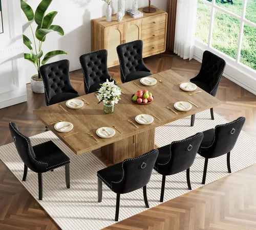 Vista 36 de Juego de mesa de comedor extensible de 5 piezas, juego de mesa de comedor extensible de estilo granja para 4, mesa de cocina expandible de madera