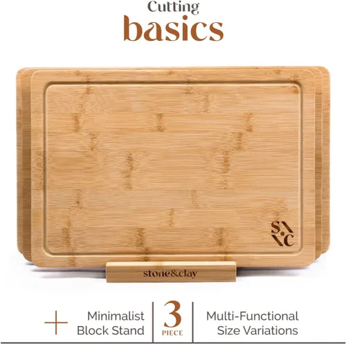 Vista 2 de Stone & Clay Juego de 3 tablas de cortar de madera de bambú (pequeñas, medianas y grandes) con soporte, perfectas para queso, verduras, frutas