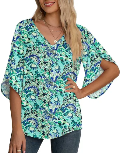Vista 48 de Blusas de gasa con mangas 3/4 arrugadas de otoño para mujer de Jouica 01amy Verde