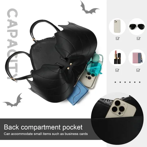 Vista 5 de Oweisong Bolso de Halloween para mujer, con alas de murciélago, gótico, color negro, mochila gótica, de cuero, con tela de araña, bolsa de hombro