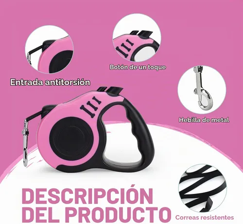 Vista 5 de Correa retráctil para perros pequeños y medianos, automática, telescópica, cinta para mascotas de 10/16 pies, duradera y práctica, con asa A1- rosa