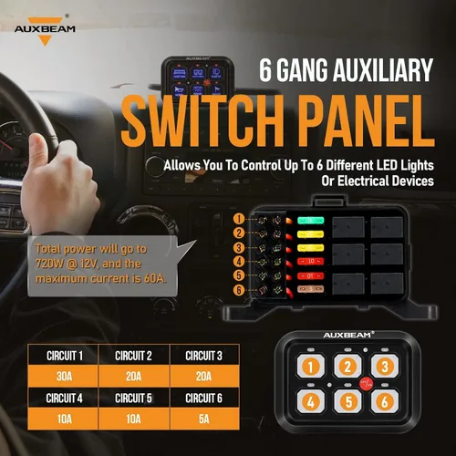 Vista 3 de Auxbeam Panel de interruptor de 6 bandas BC60 Sistema de relé de control de circuito universal, interruptor LED regulable automático, panel