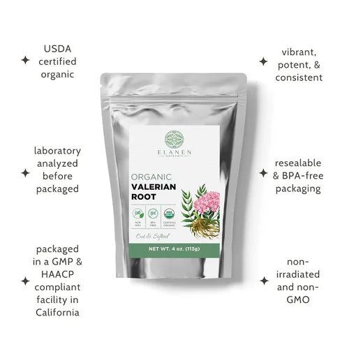 Vista 4 de Elanen Naturals Raíz de valeriana orgánica, 4 onzas (3.99 oz), té de hierbas de raíz de valeriana orgánica certificado por USDA, Te De Valeriana