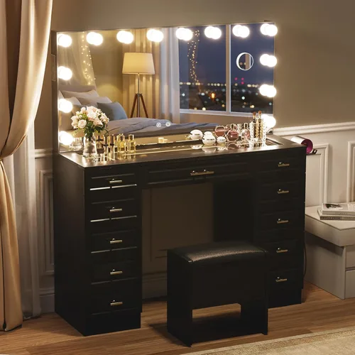 Vista 6 de VOWNER - Tocador con espejo iluminado, escritorio de maquillaje con altavoz Bluetooth Glass Top Vanity with 11 Drawers and 3 Color Lights