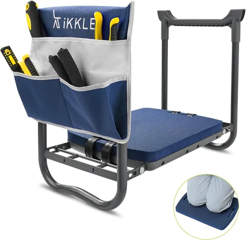 Vista 8 de ikkle Taburete de jardín y asiento de jardinería, banco de jardinería plegable con almohadilla de rodillas desmontable más gruesa y bolsas