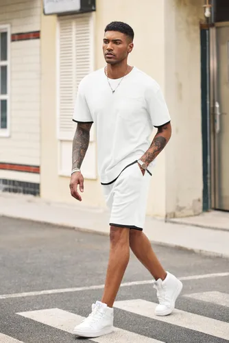 Vista 71 de COOFANDY Conjunto de camisa y pantalones cortos de gofre para hombre, conjunto de 2 piezas, conjunto casual de verano con bolsillos