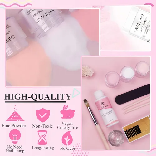 Vista 5 de Saviland Kit de iniciación de uñas acrílicas: polvo y líquido acrílico rosa claro nude, cepillo, limas, formularios, uñas a presión, juego