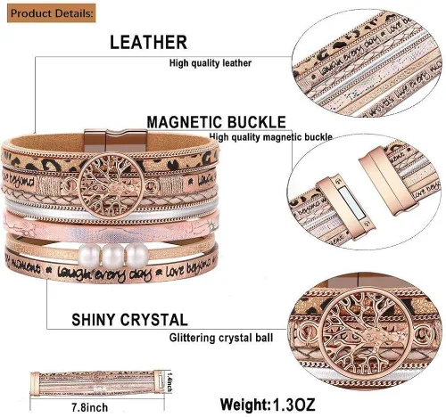 Vista 6 de Pulseras inspiradoras de cuero con árbol de la vida para mujeres, regalos de joyería para adolescentes y niñas, Metal, Circonita cúbica