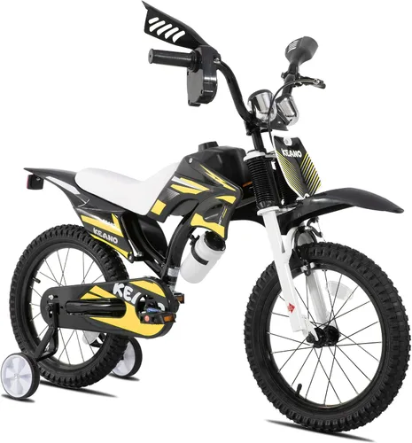 Vista 16 de KEANO - Bicicleta estilo motocross para niños y niñas de 12 y 16 pulgadas, con ruedas de entrenamiento y placa numérica, bicicletas para niños de 3