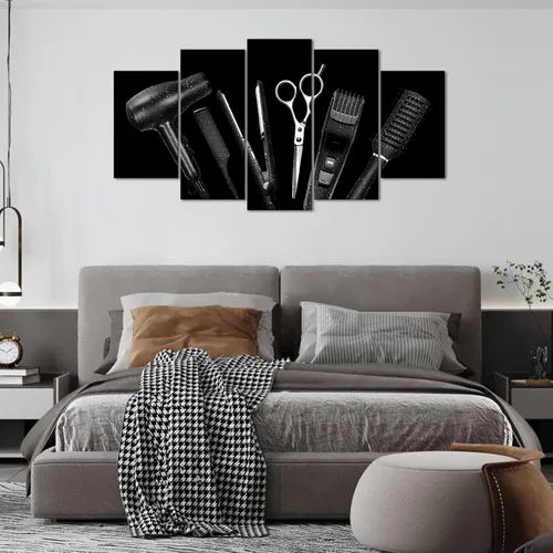 Vista 5 de YeiLnm Herramientas de corte de pelo en blanco y negro para peluquería, arte de pared, decoración de peluquería, herramientas de peluquería, imagen