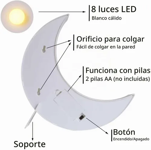 Vista 6 de Letreros LED de marquesina en forma de luna, luces nocturnas iluminadas a pilas, lámpara de luna creciente para dormitorio, Navidad, decoración