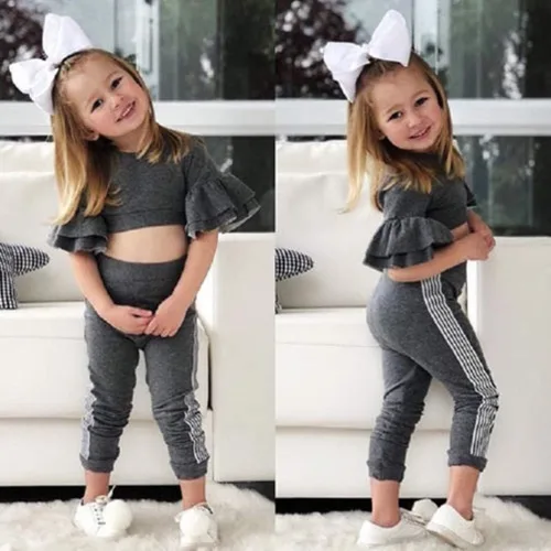 Vista 7 de MA&BABY Conjunto de chándal para niños pequeños y niñas con volantes y pantalones