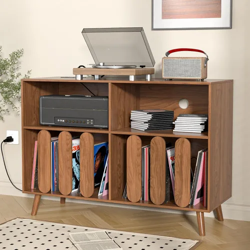 Vista 3 de Oubayajia Soporte grande para tocadiscos, soporte de almacenamiento de discos de vinilo, mesa para tocadiscos con toma de corriente, soporte