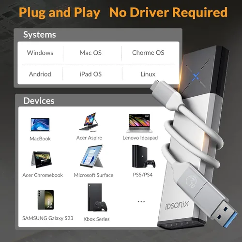 Vista 7 de iDsonix Carcasa SSD SATA M.2 NVMe, adaptador de aluminio sin herramientas, USB 3.2 Gen 2 10Gbps M2 SSD compatible con llaves M y B&M con ajuste UASP