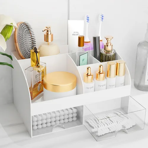Vista 20 de Organizador de maquillaje con cajones, almacenamiento de cosméticos para tocador y encimera de baño, soporte de belleza para lápiz labial y brochas