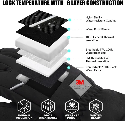 Vista 2 de JUMPHIGH Winter Gloves, Waterproof Thermal Gloves, Cold Weather Gloves, Men's Snow Gloves, Warm Gifts for Women and Men