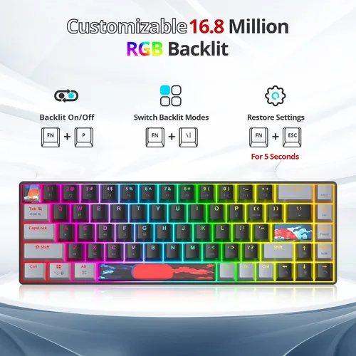 Vista 4 de Teclado mecánico 65% de 68 teclas con cable para juegos con interruptor rojo, efecto de iluminación RGB, teclas PBT, mini teclado ultracompacto