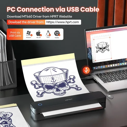 Vista 6 de HPRT Adhesivo térmico portátil Bluetooth para tatuajes, impresora inalámbrica de plantillas de tatuaje con 10 hojas de papel de impresión, tatuajes