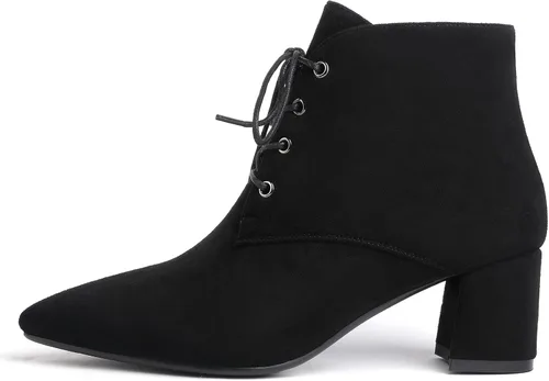 Vista 2 de Eldof Botines de mujer con tacón bajo y grueso, puntera puntiaguda, con cordones, cómodas botas para caminar