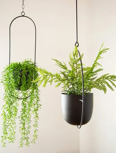 Vista 7 de RISEON Colgador bohemio de metal negro para plantas, maceta colgante de pared y techo de metal, maceta moderna, soporte para macetas de mediados