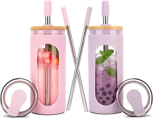 Vista 22 de Sursip - Vaso de vidrio de 20 oz con tapas y popotes, taza de café helado reutilizable de vidrio de borosilicato con tapa de bambú para batido, jugo