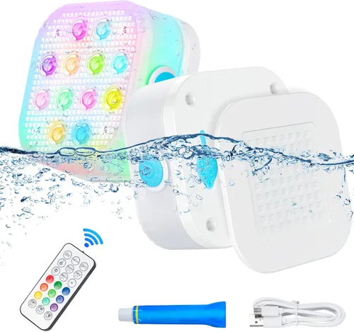 Vista 11 de Luz de piscina, 6 pulgadas, 25 LED RGB sumergible luz flotante Bluetooth APP Control, 4000mAh Rechargeable, IP68 Waterproof, Magnetic Mount, Above