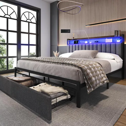 Vista 11 de Ailisite Marco de cama tamaño completo con cabecera y cajones de almacenamiento, marco de cama de plataforma tapizado negro con puerto de carga