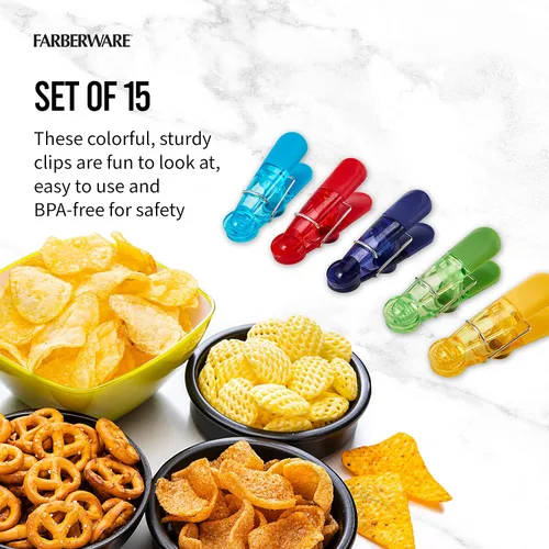 Vista 3 de Farberware Clips para bolsa, juego de 15 clips magnéticos translúcidos para almacenamiento de alimentos, colores surtidos con agarres