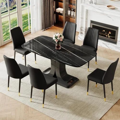 Vista 11 de Juego de mesa de comedor moderno para 6, juego de mesa de cocina y sillas de mármol para 6, mesa de cocina rectangular con 6 sillas tapizadas