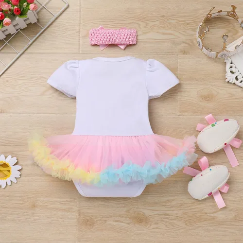 Vista 4 de ODASDO Conjunto de 3 piezas de ropa para bebé niña para primer cumpleaños, tutú de arcoíris, princesa, mameluco, tiara, zapatos, 3 piezas