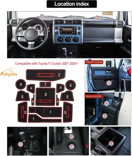 Vista 2 de Aunginsy Kit de alfombrillas con ranura para automóvil (15 unidades), goma, rojo y negro, compatible con Toyotaa FJ Cruiser 2007-2021, consola