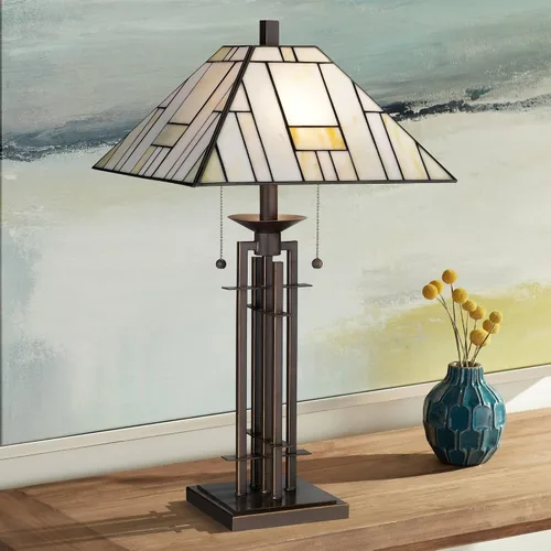 Vista 9 de Franklin Iron Works Drake Mission Collection 25 1/2" de alto, lámpara de mesa estilo Tiffany de estilo granja rústico sudoccidental, luz nocturna